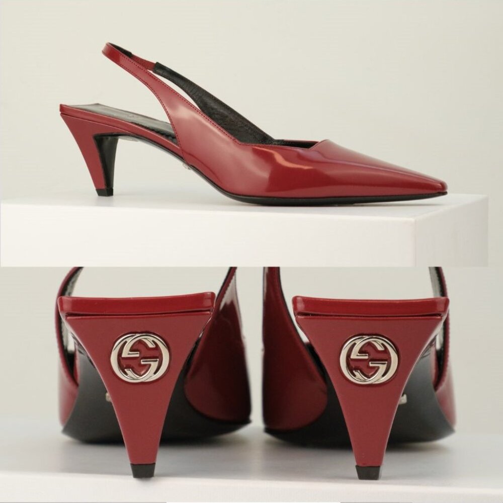 Gucci Mallory 55 Patent Leather Slingback Pumps, Cherry Red, EU 37
